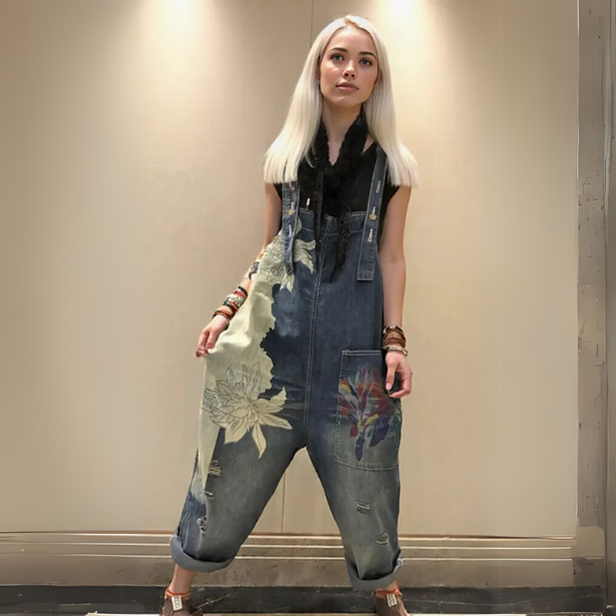 Vintage Oversized Capri Denim Overalls with Floral Print & Distressed Details-SimpleModerne