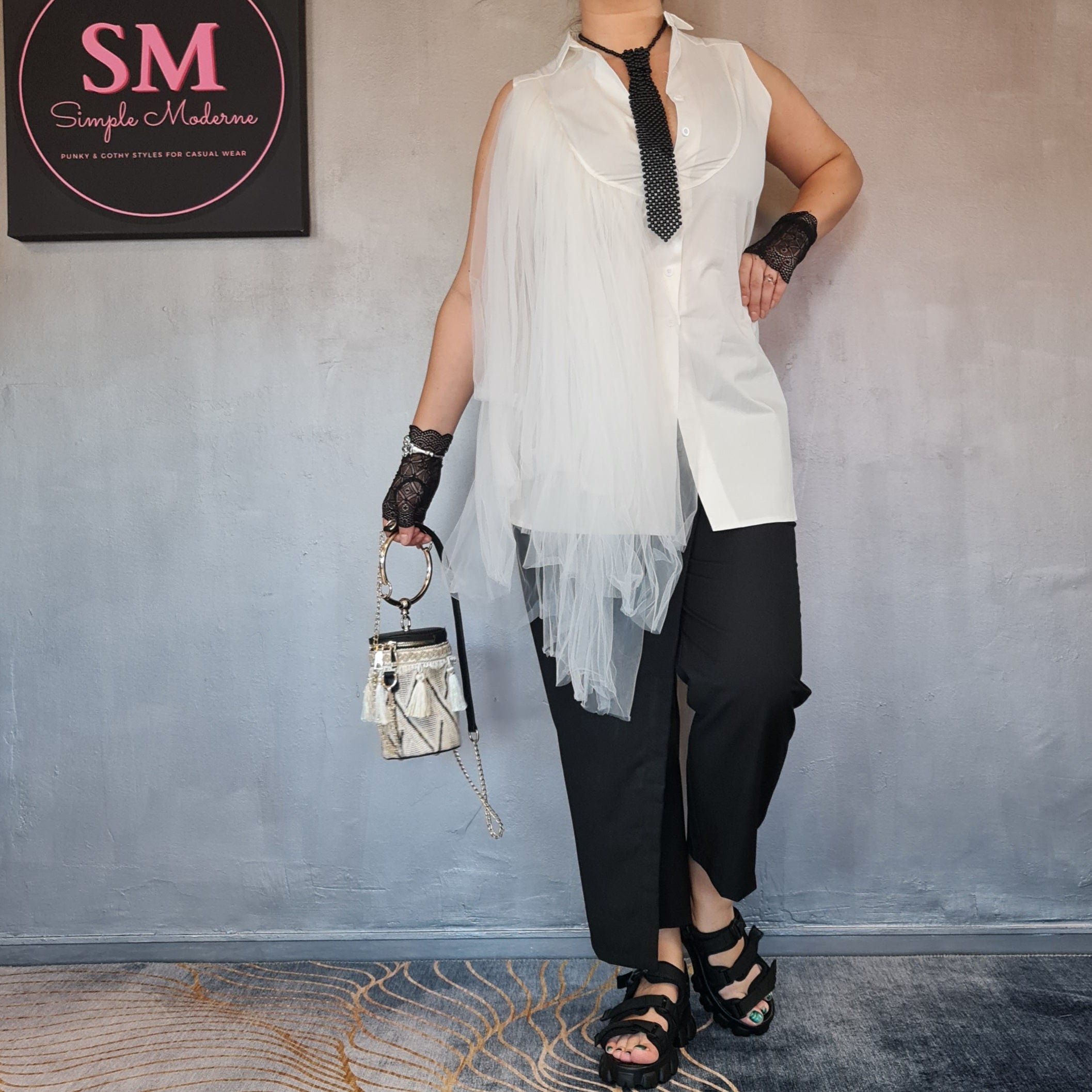 Casual Minimal Goth Irregular Tulle Layered White Shirt