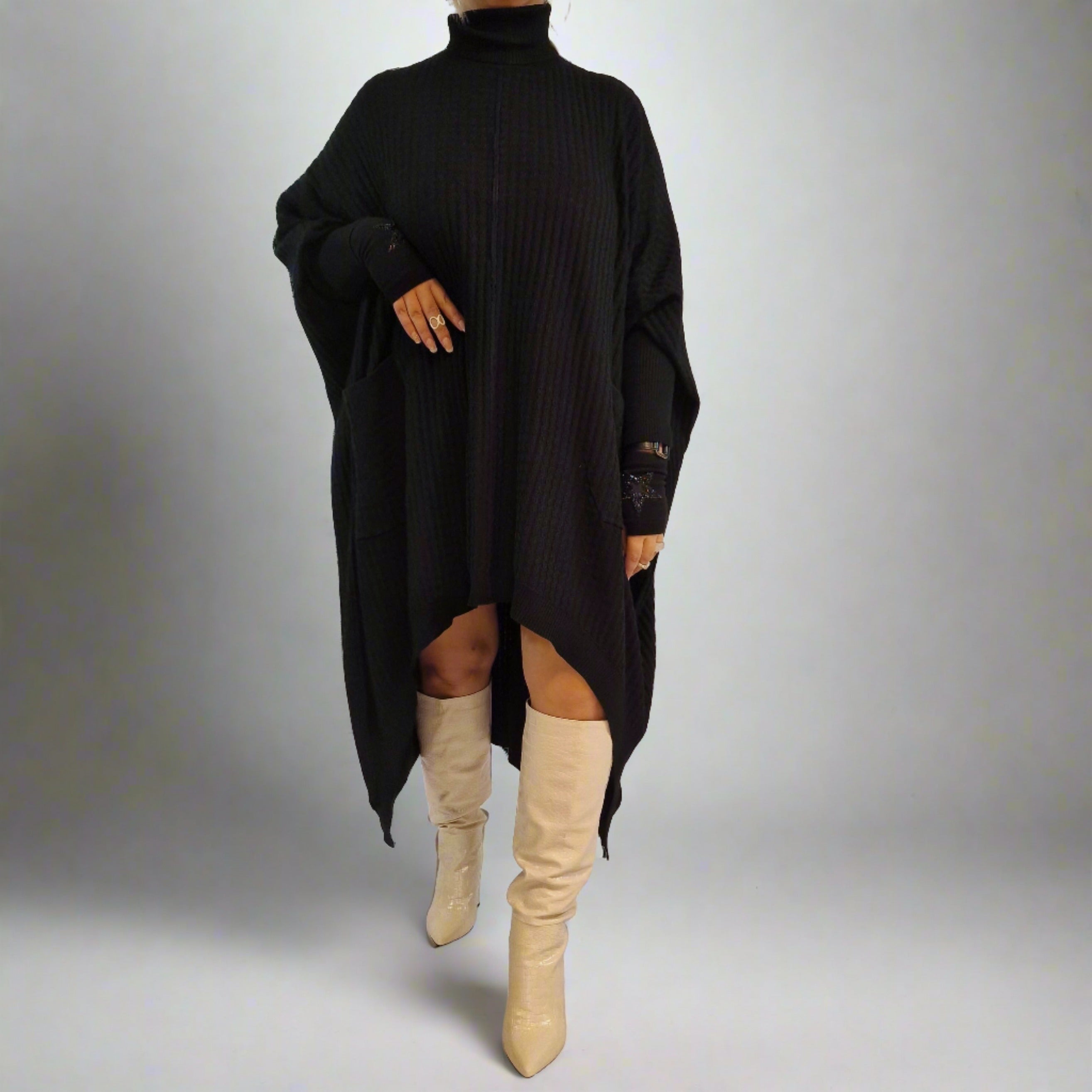 Asymmetrical Knitted Pullover Dress with Turtleneck-SimpleModerne