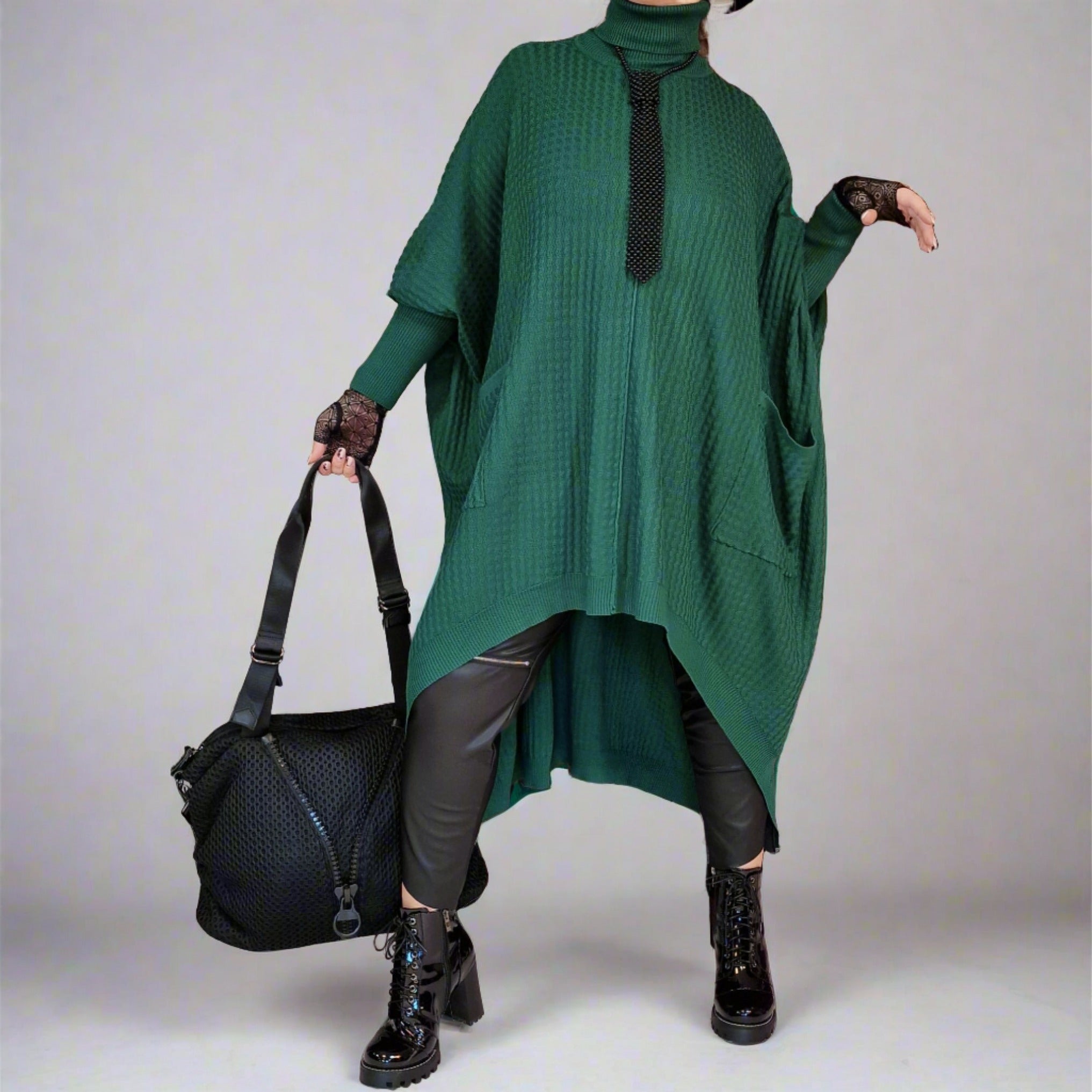 Asymmetrical Knitted Pullover Green Dress with Turtleneck-SimpleModerne