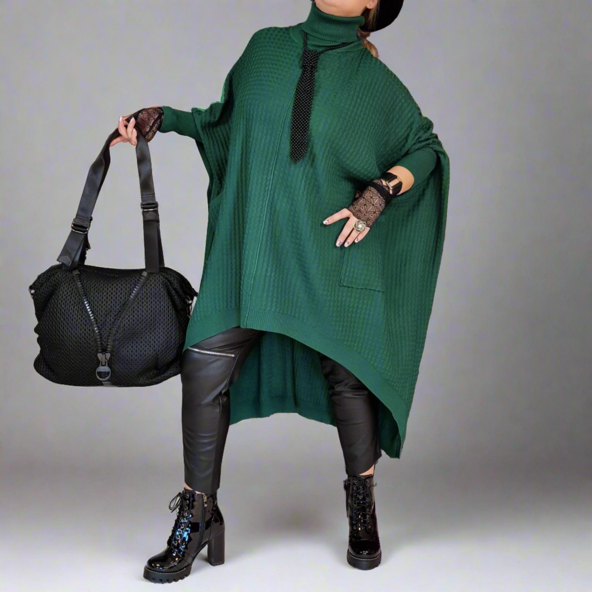 Asymmetrical Knitted Pullover Green Dress with Turtleneck-SimpleModerne
