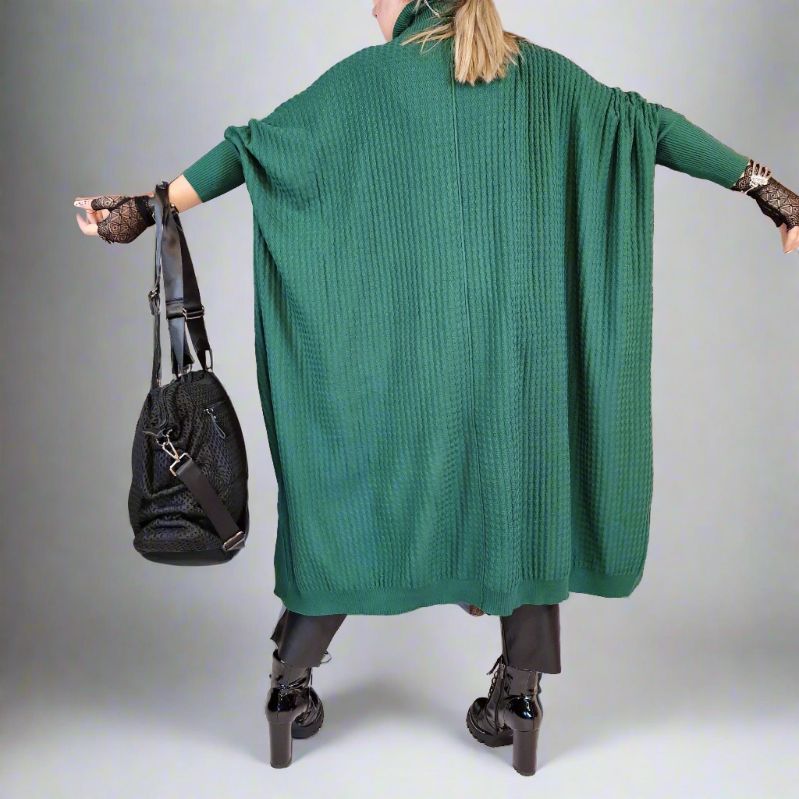 Asymmetrical Knitted Pullover Green Dress with Turtleneck-SimpleModerne